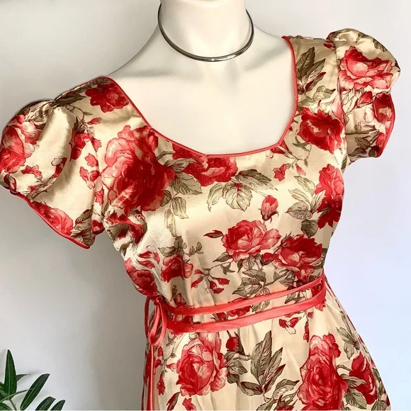 v i n t a g e :: Silky Handmade Floral Rose Flower Satin Dress - Picture 5 of 13